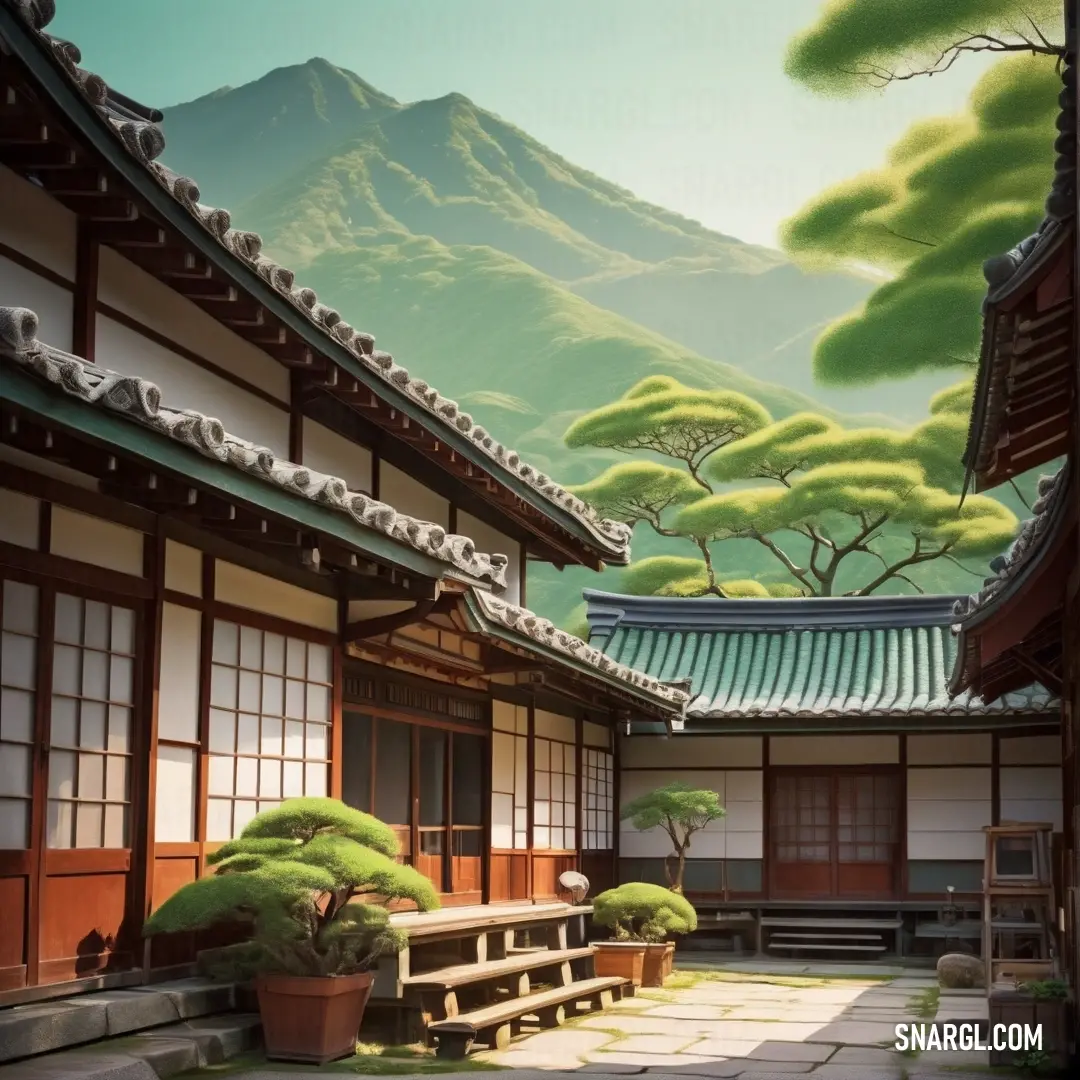 Painting of a japanese courtyard with a mountain in the background. Example of #D1DD8D color.