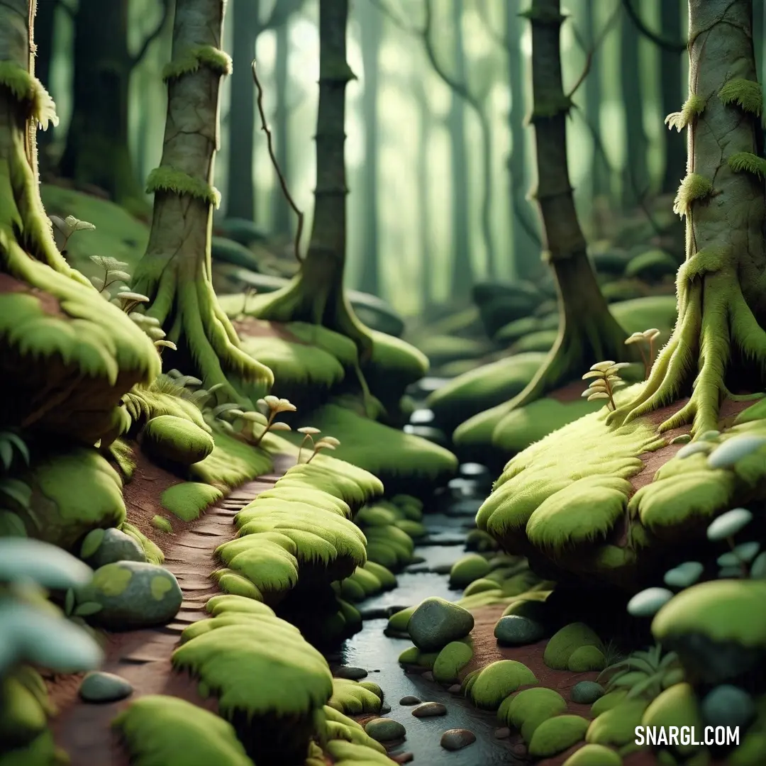 Stream running through a forest filled with green plants and rocks and trees with moss growing on them and rocks on the ground