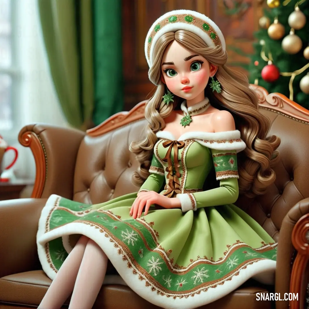 Doll on a couch in a green dress and hat with a christmas tree in the background. Color PANTONE 374.