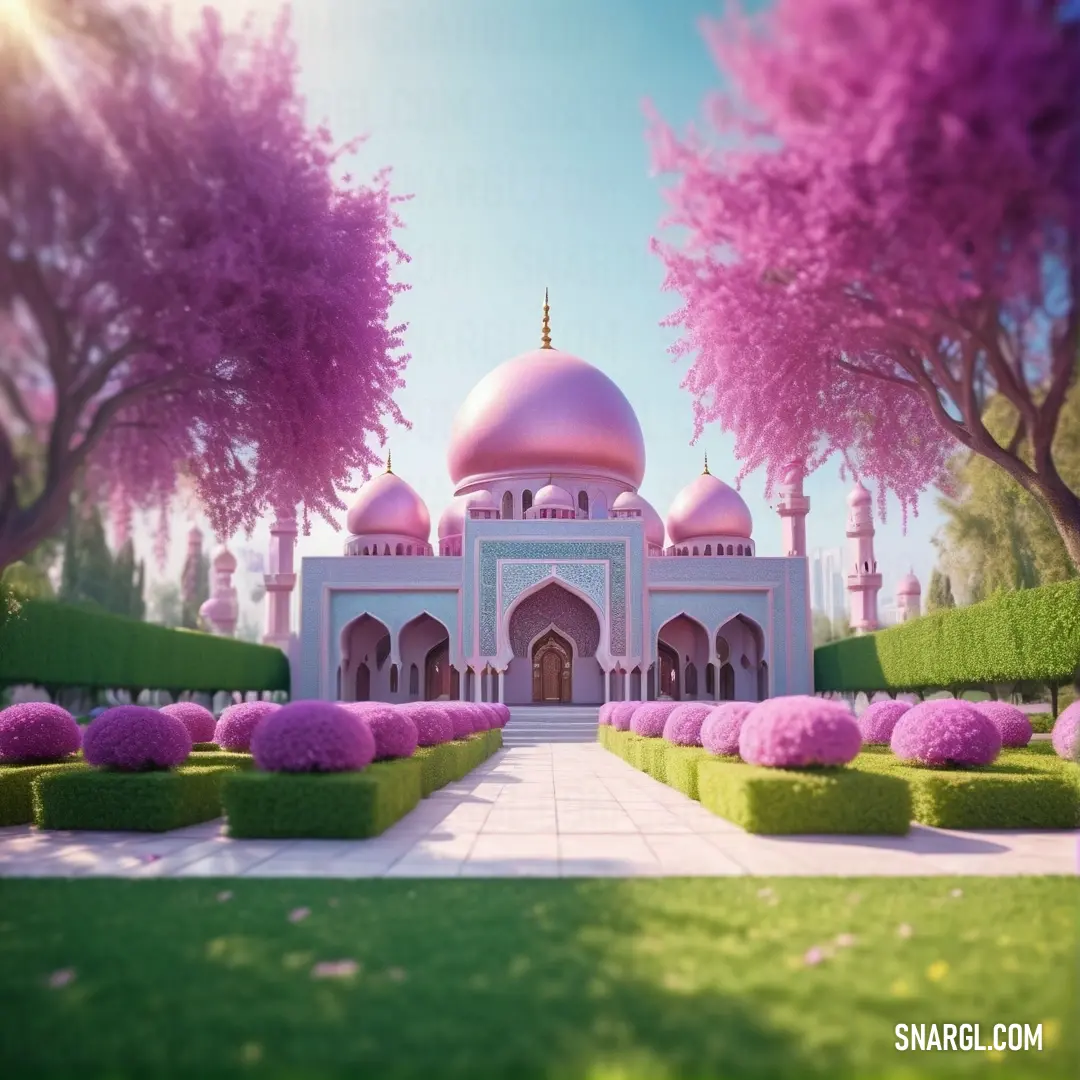 Large white building with a pink dome and a green lawn and trees in front of it and a pathway leading to it. Example of #C3D468 color.