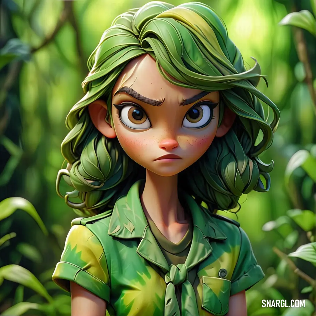 PANTONE 375 color example: Cartoon girl with green hair and a green shirt and tie in a forest with leaves and bushes