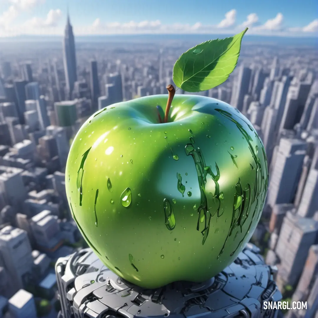 Green apple with a leaf on top of a building in a city with skyscrapers and buildings in the background. Example of RGB 169,200,51 color.