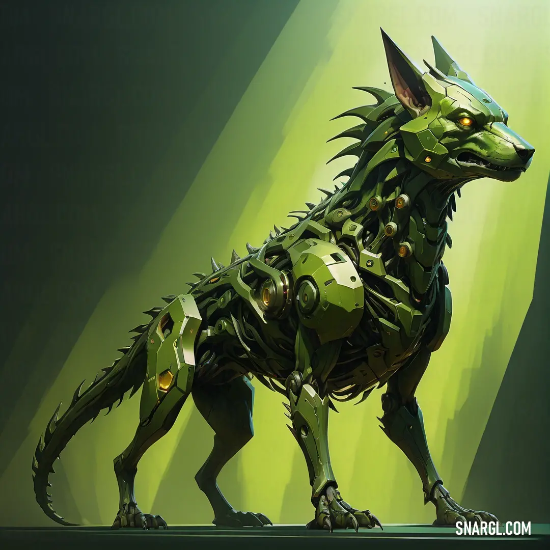 Green creature with a large head and a tail, standing on a platform with a green background. Example of RGB 169,200,51 color.
