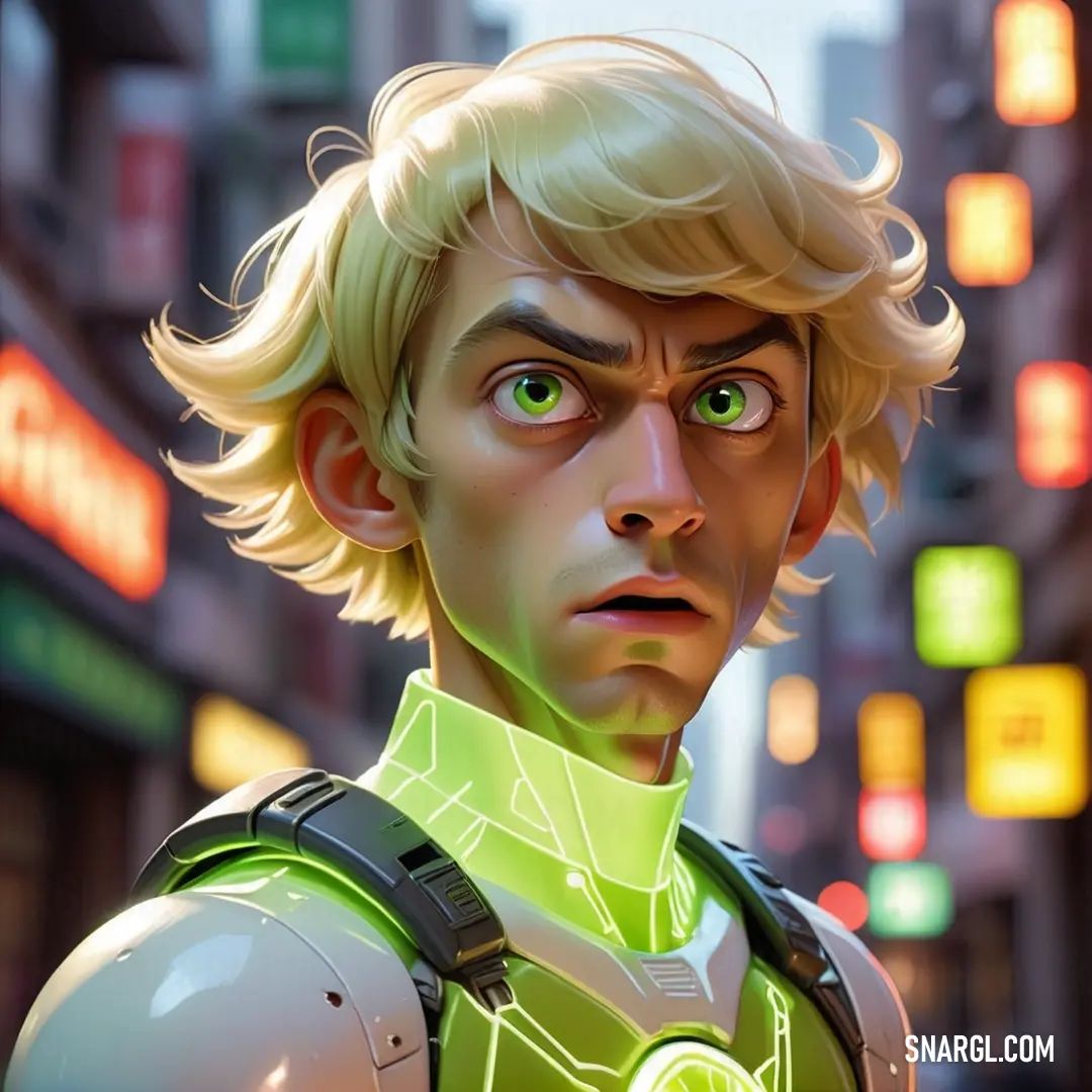 Man with blonde hair and green eyes in a city setting with neon signs and signs in the background. Example of RGB 169,200,51 color.