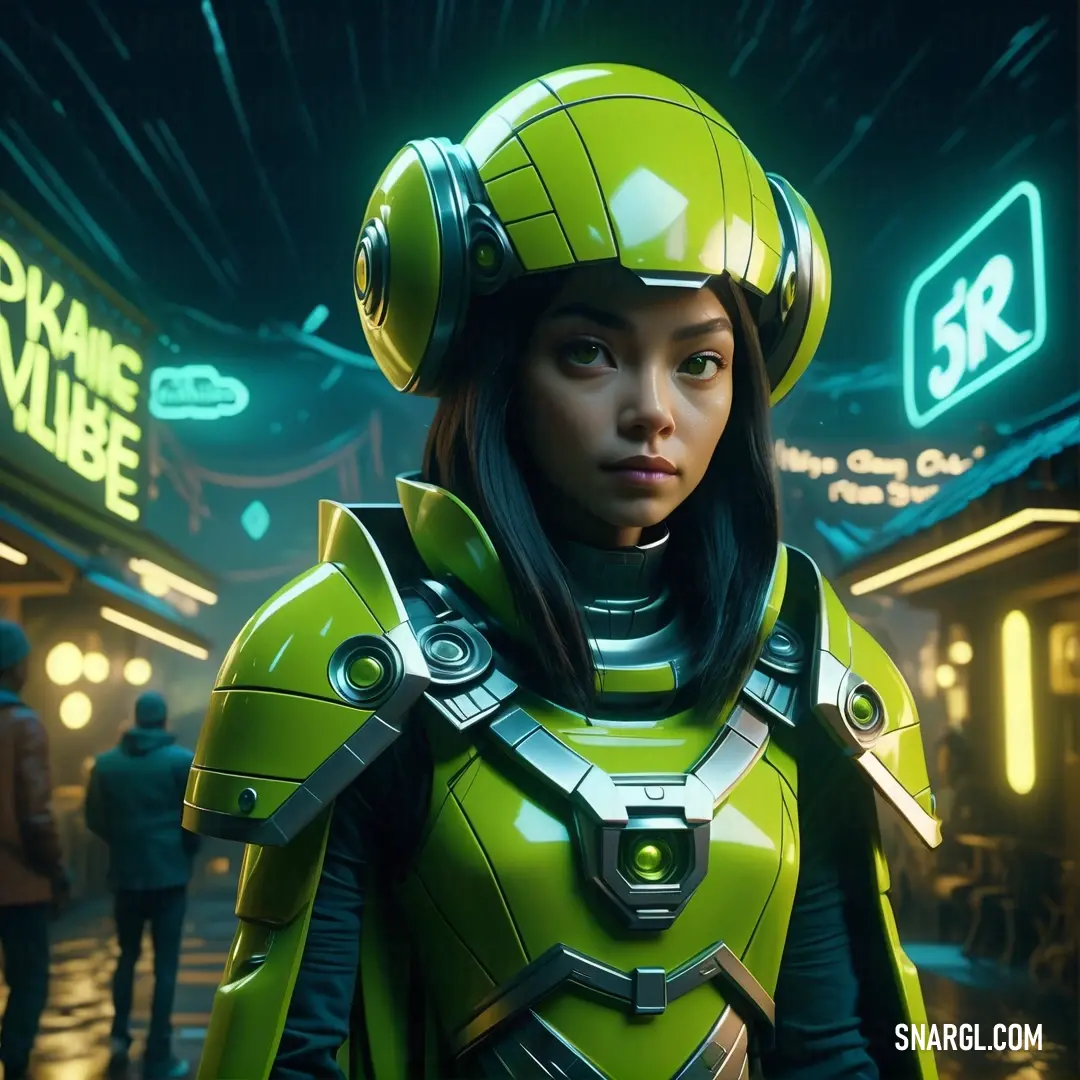 Woman in a green suit and helmet standing in a dark room with neon lights on the ceiling and people walking around