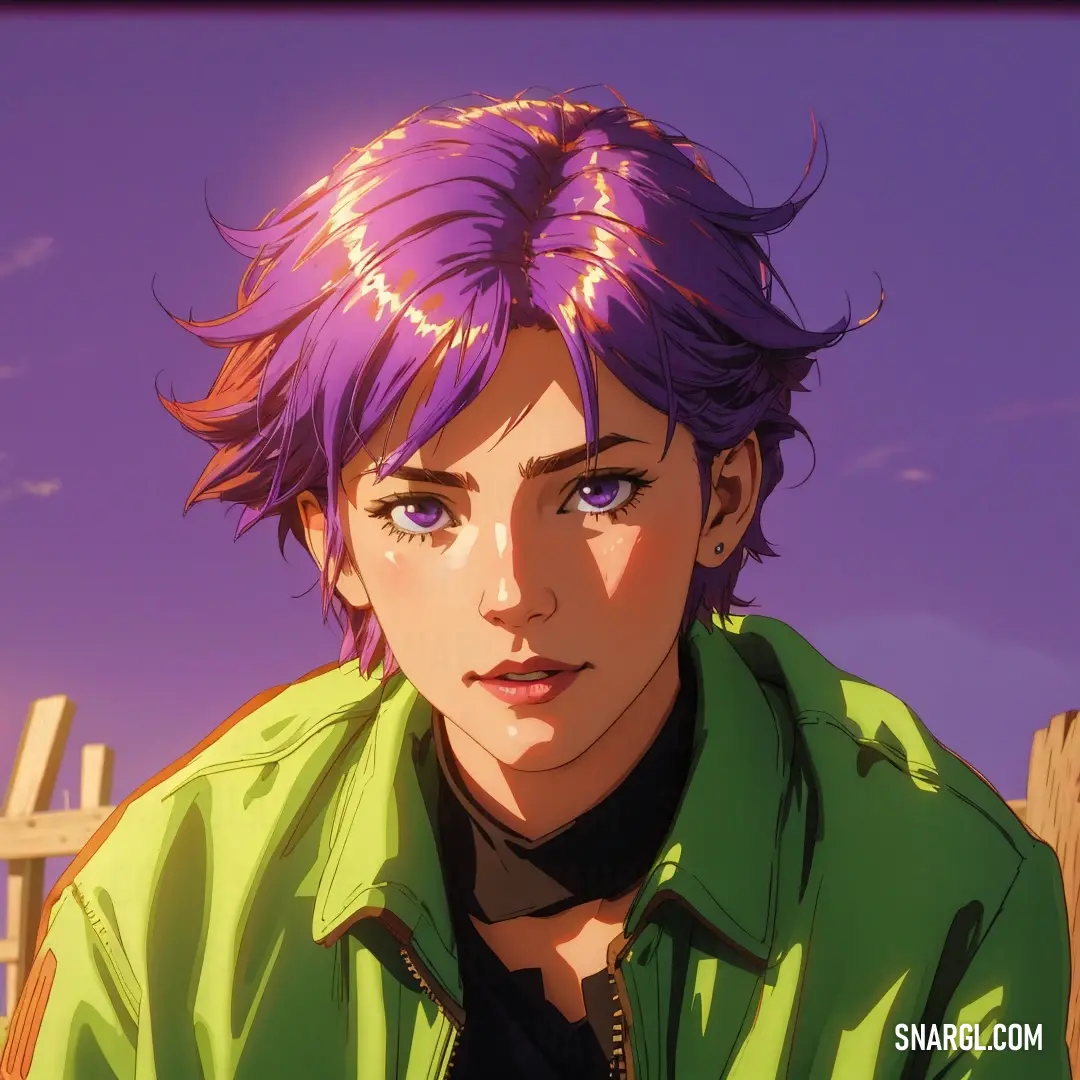 Young man with purple hair and a green shirt on in front of a fence with a purple sky in the background. Example of CMYK 46,0,90,0 color.