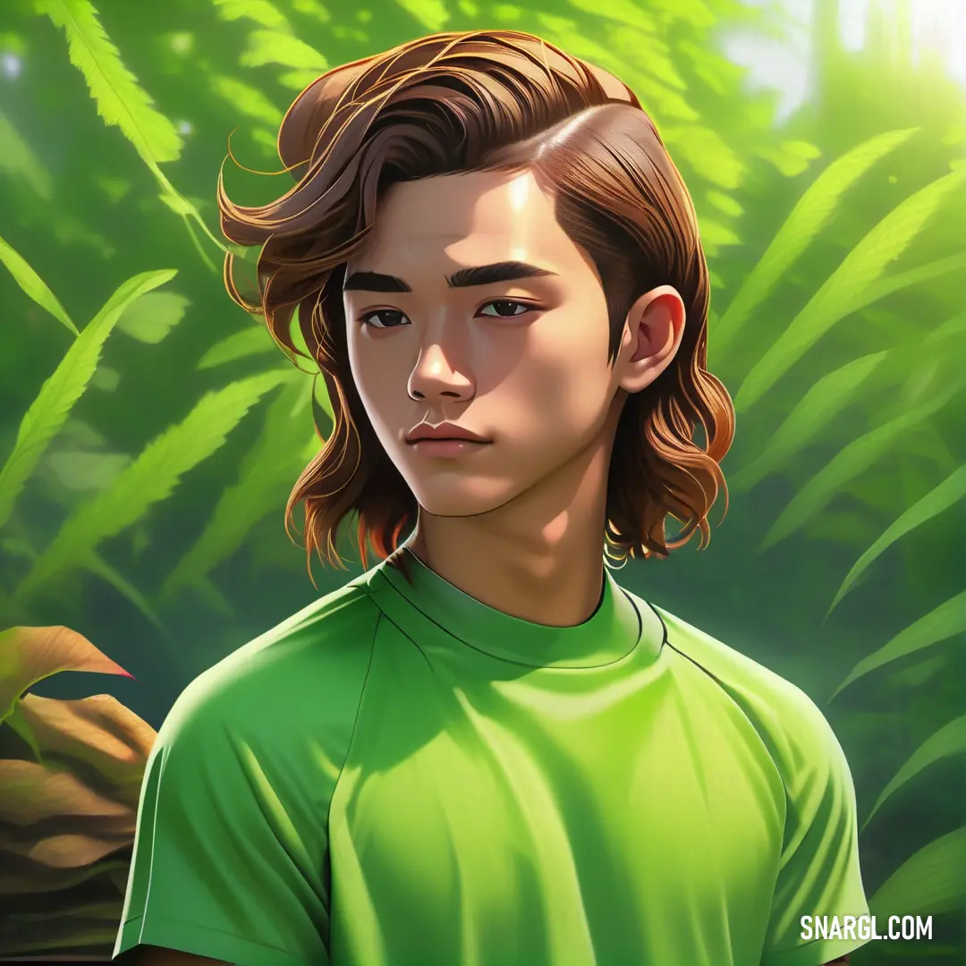 Digital painting of a young man in a green shirt in a jungle setting with ferns and leaves in the background