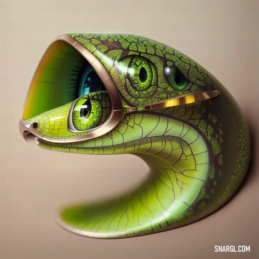 Green snake with a large eye and a gold frame around its neck and head. Color #98C11D.