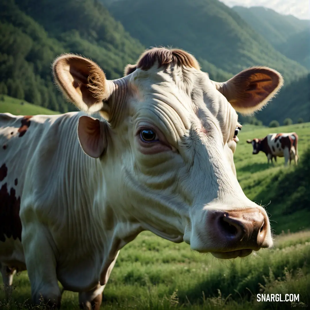 Cow with a brown ear and a white face standing in a field of grass with mountains in the background