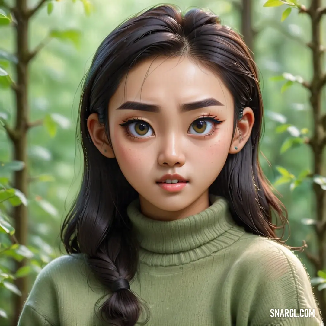Digital painting of a young girl with long hair and blue eyes in a green sweater in a forest