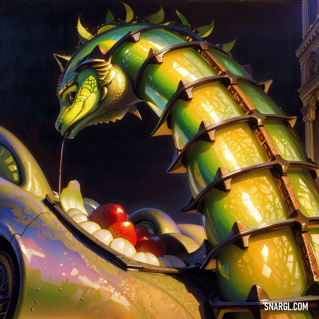 Dragon statue with apples in it's mouth and a building in the background with a clock tower