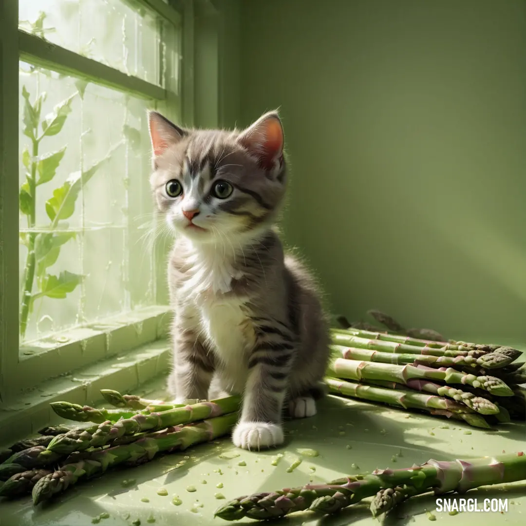 Kitten on a table next to a bunch of asparagus stalks in front of a window