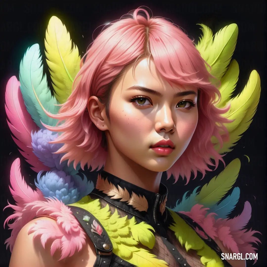 PANTONE 379 color example: Digital painting of a woman with pink hair and feathers on her head and chest