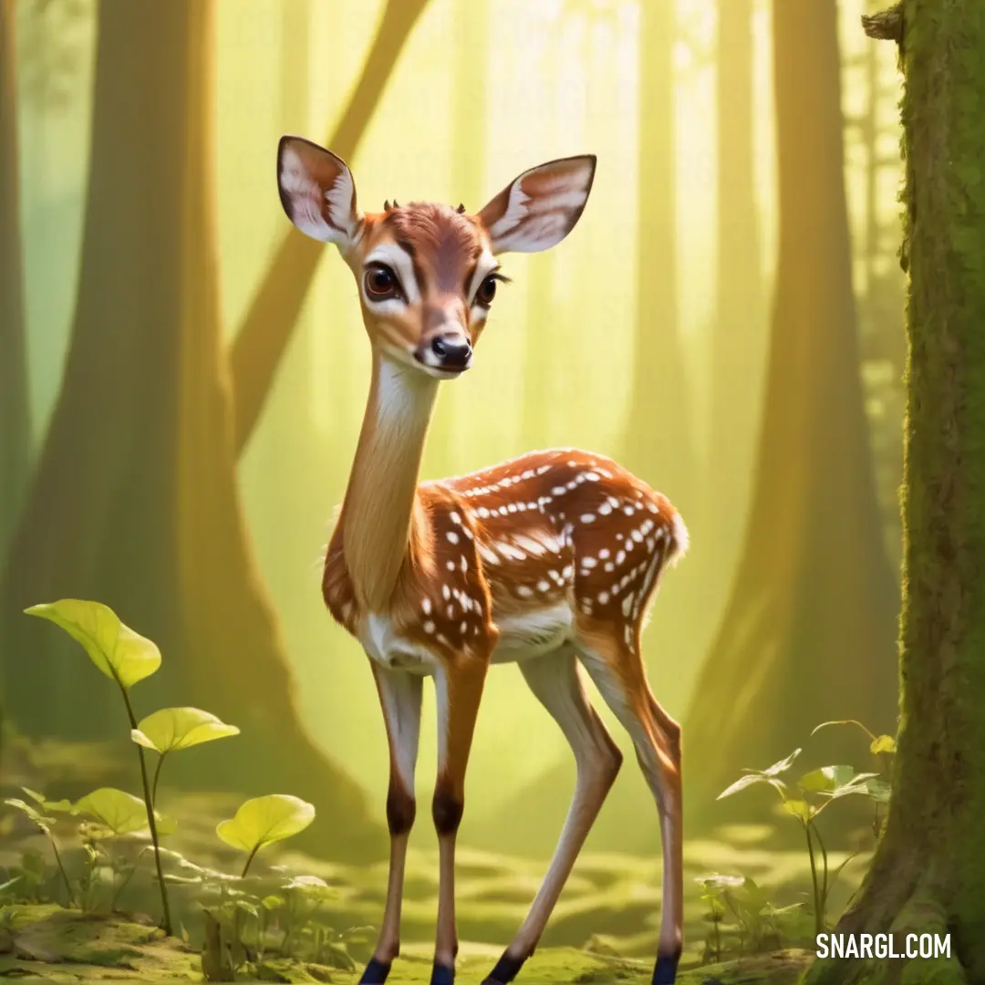 Deer standing in a forest with tall trees and grass on the ground. Color PANTONE 380.