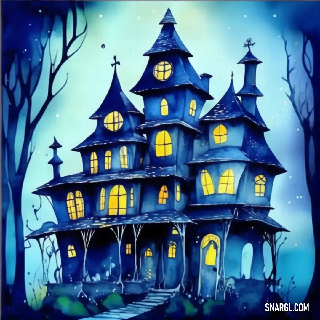 Painting of a blue house with a staircase leading to it and a full moon in the sky above. Color CMYK 18,0,82,0.