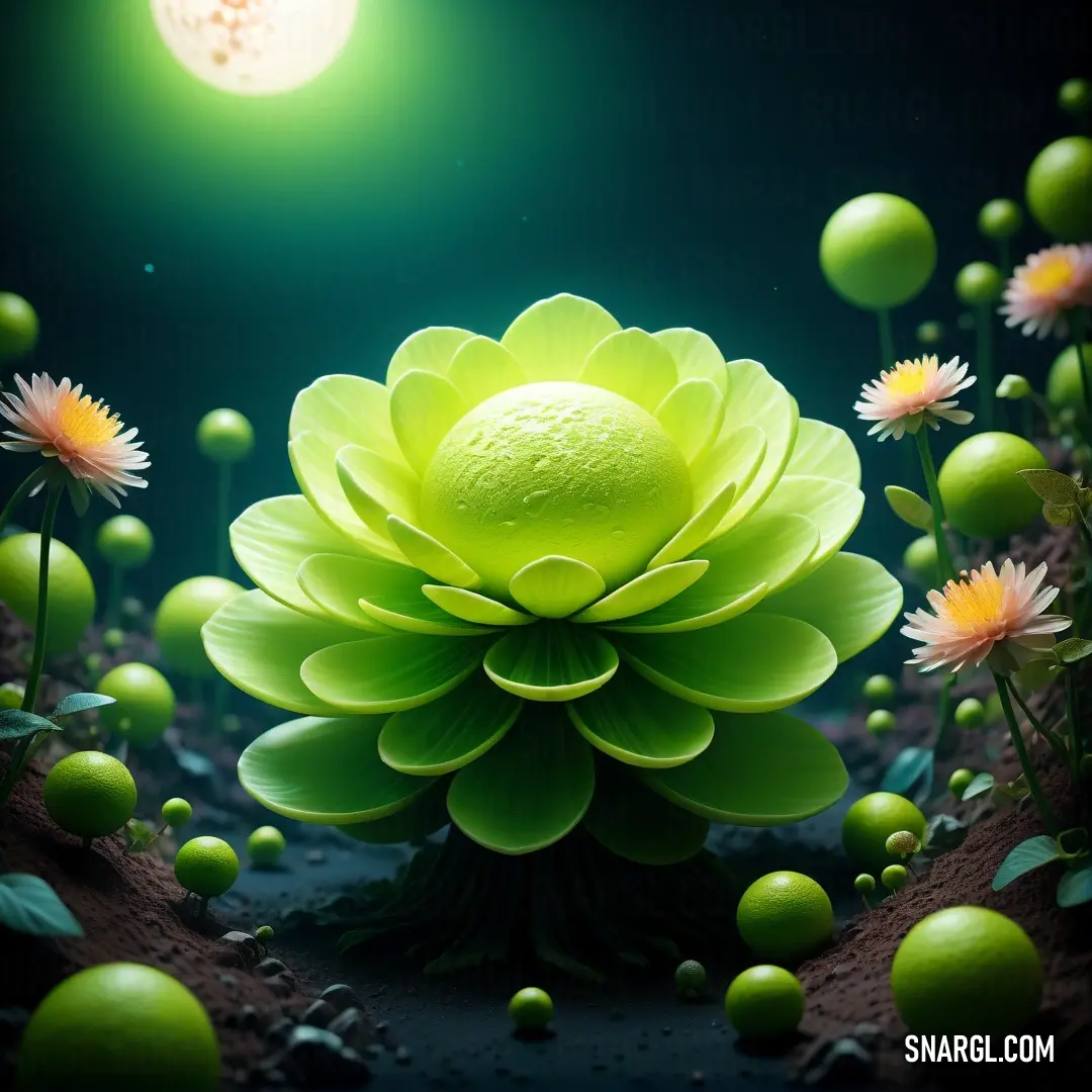 Green flower surrounded by green balls and flowers in the dark night sky with a full moon in the background. Example of RGB 203,212,33 color.