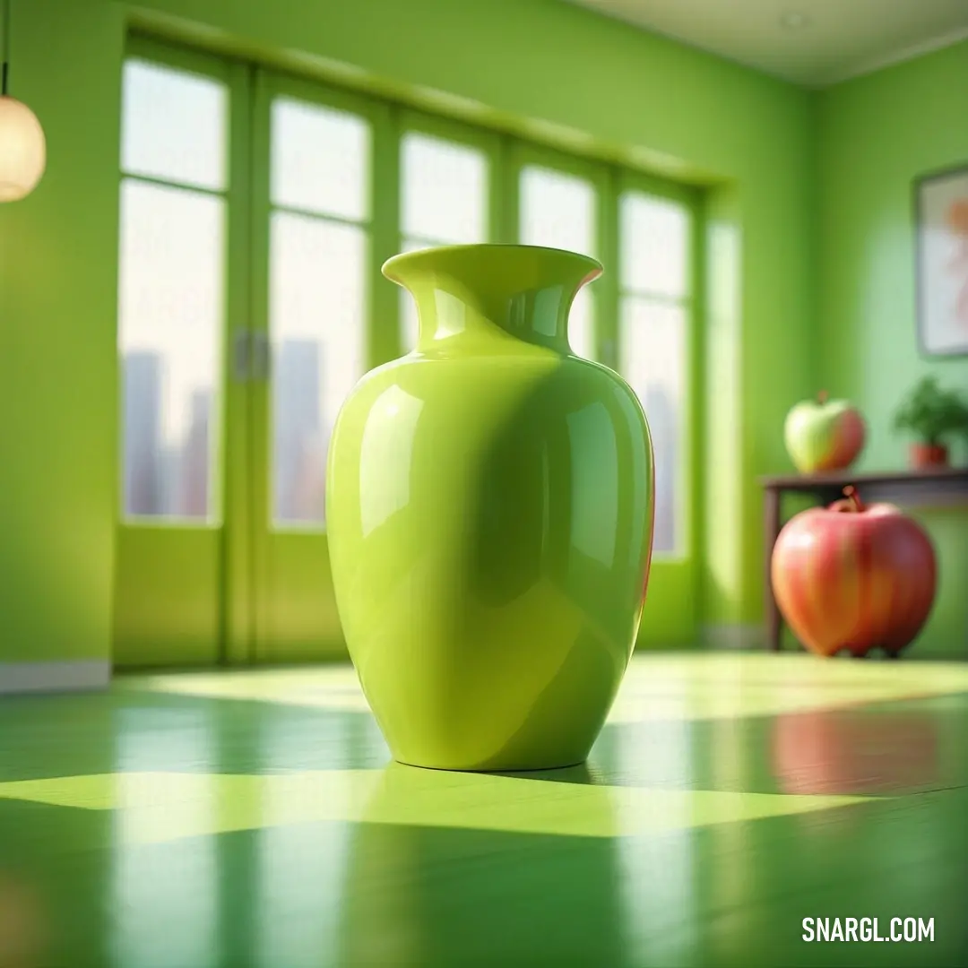 Green vase on a green floor in a room with windows and a table with apples on it. Example of RGB 203,212,33 color.