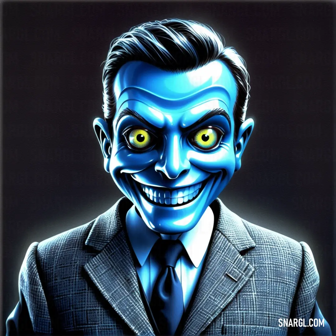 PANTONE 381 color example: Man with a creepy face and a suit jacket and tie with yellow eyes and a smirk on his face