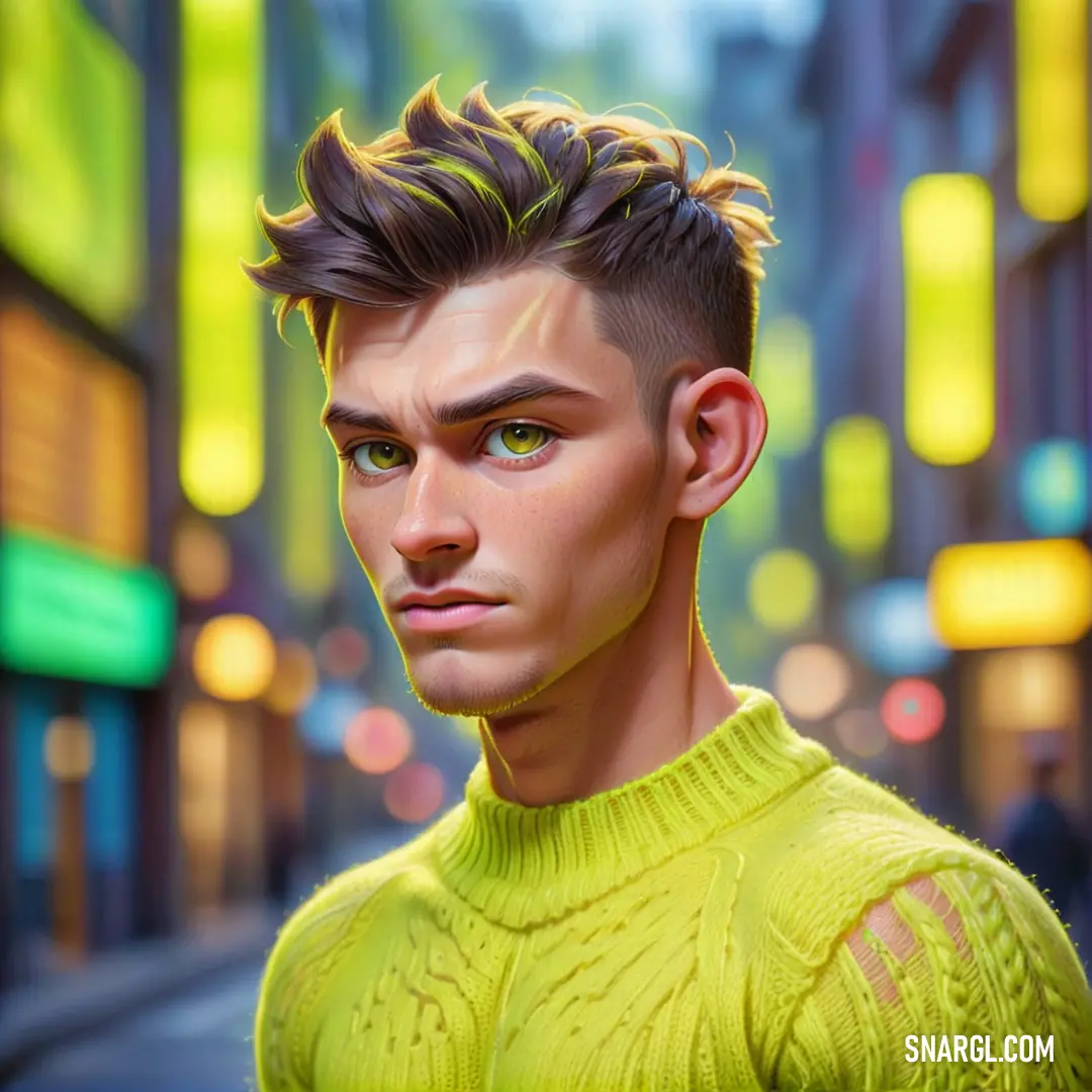 Man with a mohawk and a green sweater on a city street at night with neon lights in the background. Example of RGB 203,212,33 color.
