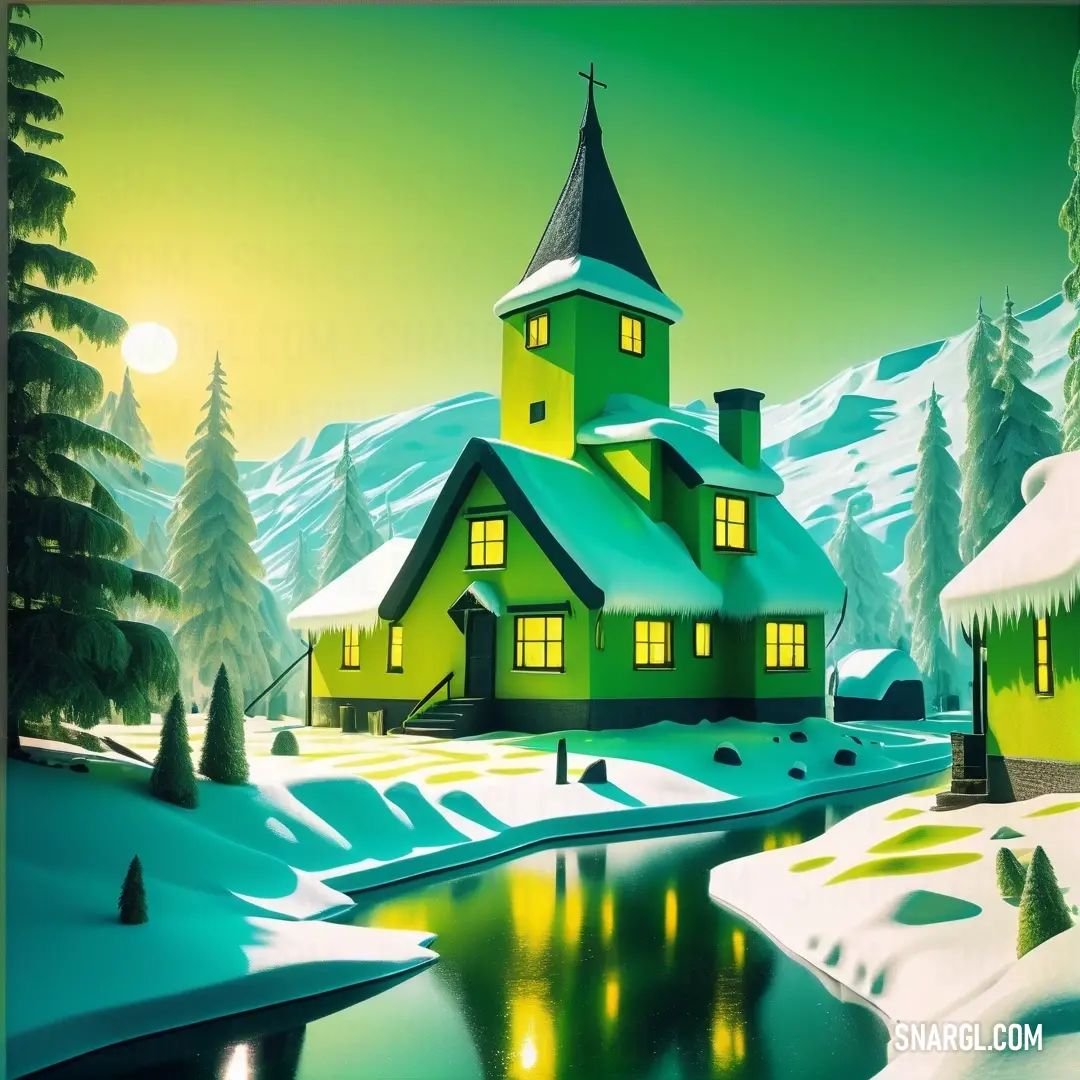 Painting of a church in the snow with a lake in front of it and a mountain in the background. Color #CBD421.