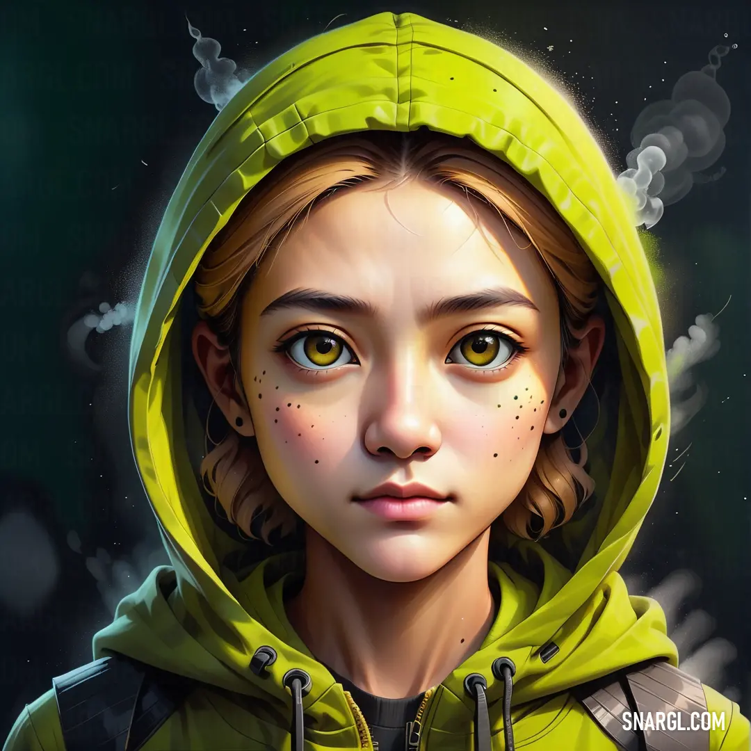 Digital painting of a young girl with a hoodie on and a green sweatshirt on. Color CMYK 28,0,100,0.