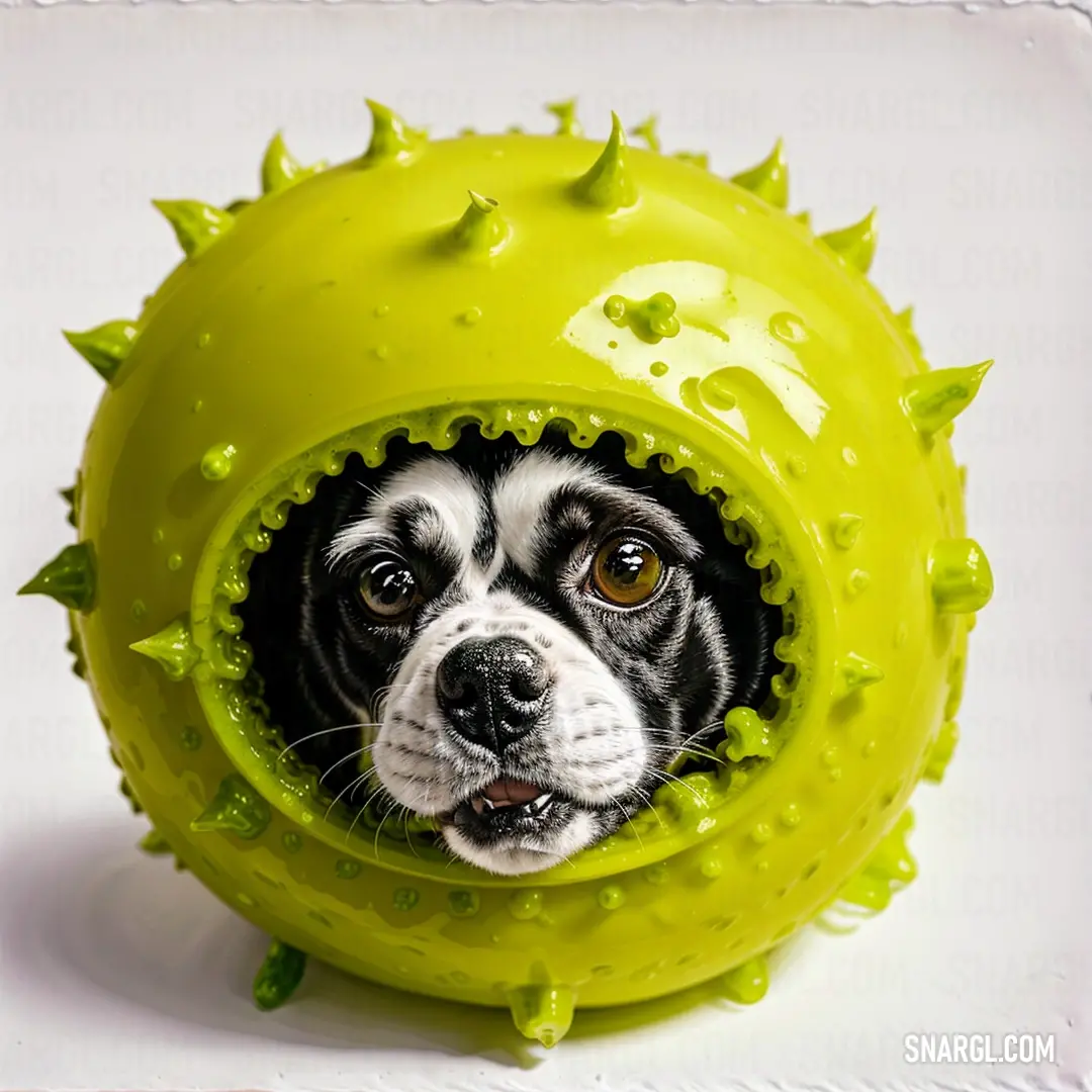 PANTONE 382 color example: Dog is looking through a ball with spikes on it's head and eyes