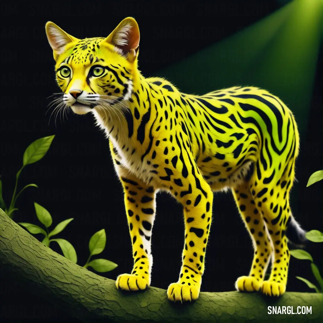 Painting of a yellow and black leopard standing on a branch with green leaves on it's sides. Color CMYK 28,0,100,0.