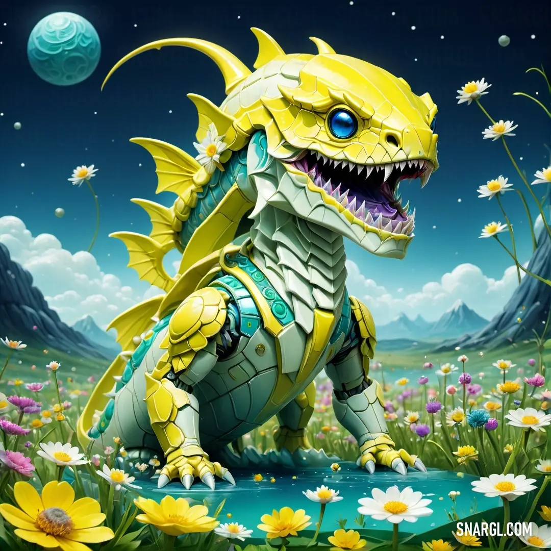 Yellow dragon on top of a field of flowers next to a moon and a mountain range with a blue sky. Color PANTONE 382.