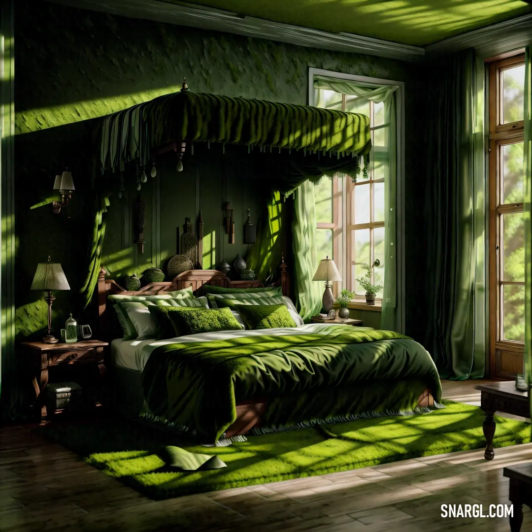 A cozy bedroom featuring a soft green bed and matching rug on the floor. A large window lets in natural light, adding warmth to the peaceful setting. The room exudes comfort and tranquility in every corner.