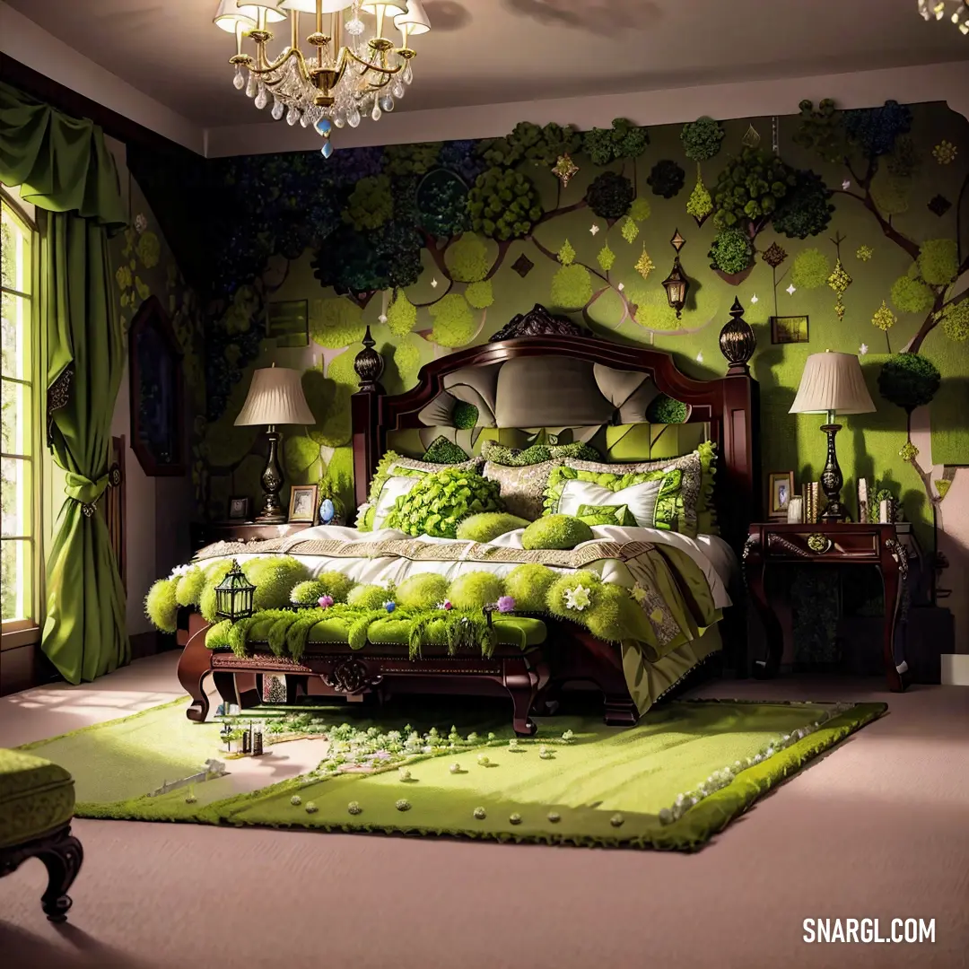 A harmonious bedroom with a green color theme, featuring a chandelier above and a plush green bed with matching pillows. The soft lighting and delicate decor create an inviting atmosphere of calm and relaxation.