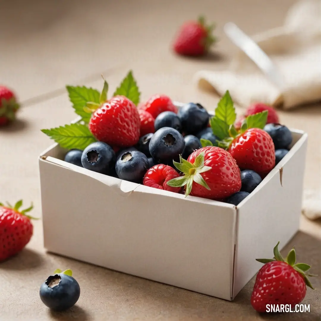 A beautifully arranged box brimming with vibrant berries and blueberries rests on a rustic table. The delicate cloth napkin complements the bounty of fruit, while a softly blurred assortment of napkins in the background adds a touch of warmth to the scene