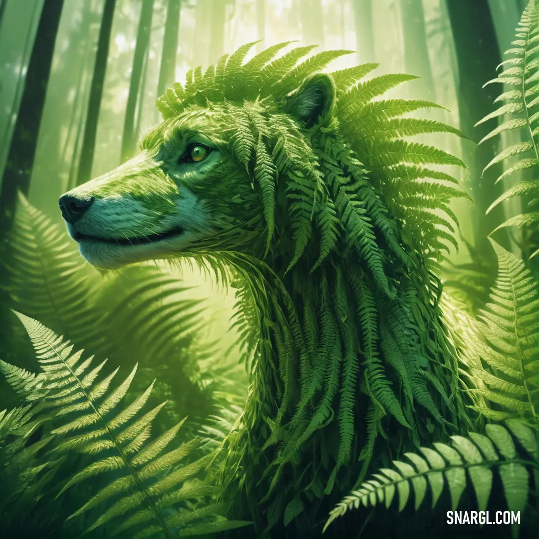 In a vibrant forest filled with lush ferns, a playful green bear blends seamlessly with its verdant surroundings, embodying the spirit of nature. The sunlight glimmers on its fur, enhancing the enchanting atmosphere of this wild haven.