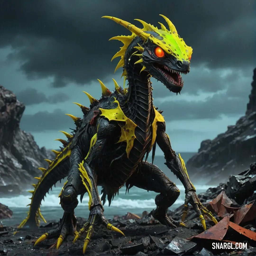 An imposing creature reminiscent of Godzilla boasts vibrant yellow spikes and piercing red eyes while dominating a rocky beach. The dramatic dark sky above intensifies its fierce presence, making a bold statement.