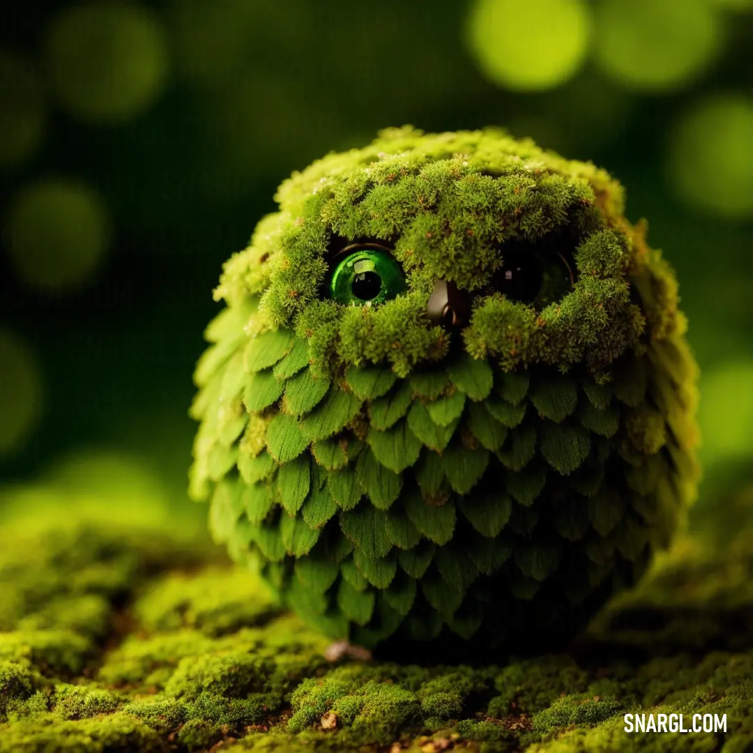 A green owl with striking green eyes sits perched on a moss-covered surface, surrounded by a blurry, mystical forest background. The owl’s vibrant feathers almost seem to merge with its surroundings, creating a mysterious, enchanting atmosphere.