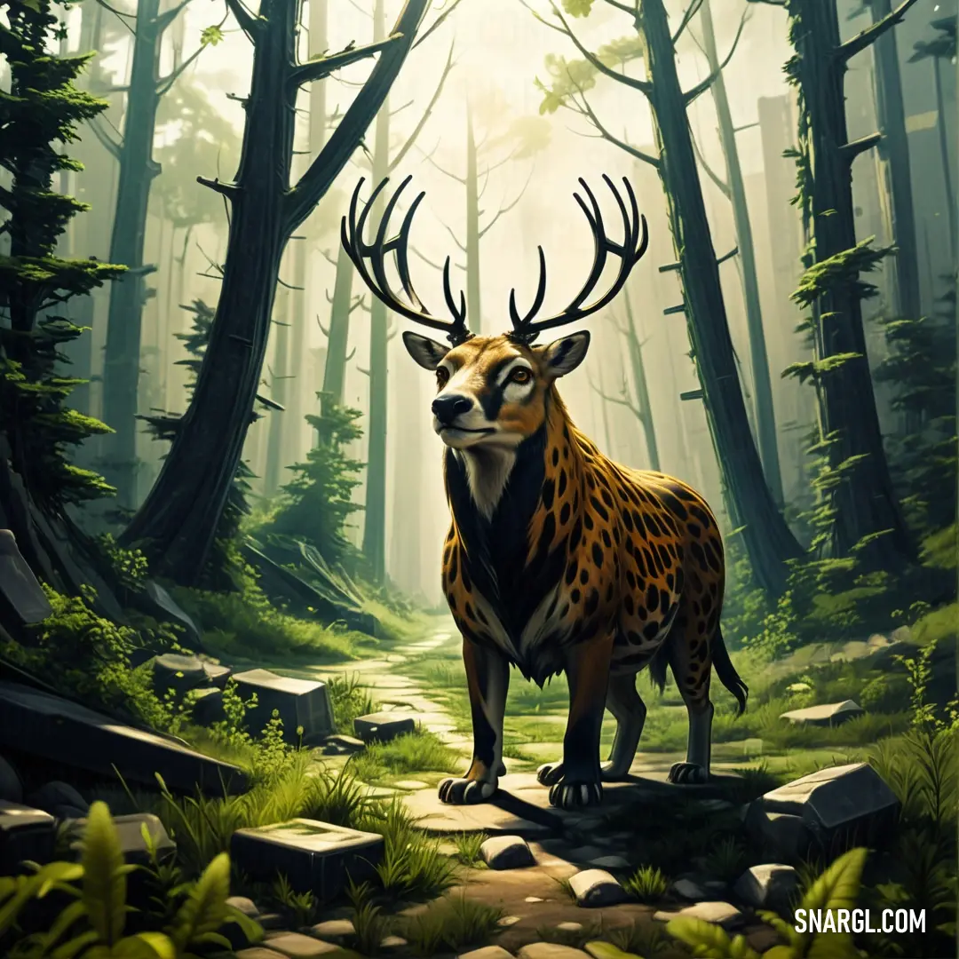 A majestic deer stands gracefully amidst a serene forest, surrounded by towering trees and rugged rocks that harmonize with the landscape. The soft sunlight filters through the foliage, casting gentle shadows, showcasing the deer's elegant form.