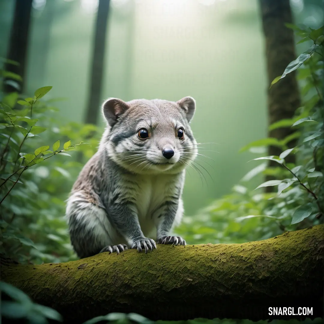 A small creature perches curiously on a branch high above the forest floor, surrounded by vibrant green foliage. Rays of sunlight filter through the canopy, illuminating the animal's fur and the delicate leaves that sway gently in the breeze.