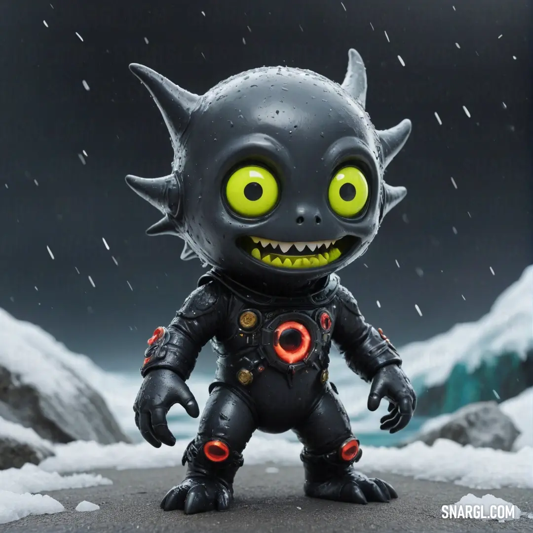 A whimsical toy monster figure with oversized eyes and a playful design captures attention. Its quirky black outfit adorned with striking yellow eyes and a bright red nose brings a sense of fun and imagination to life.