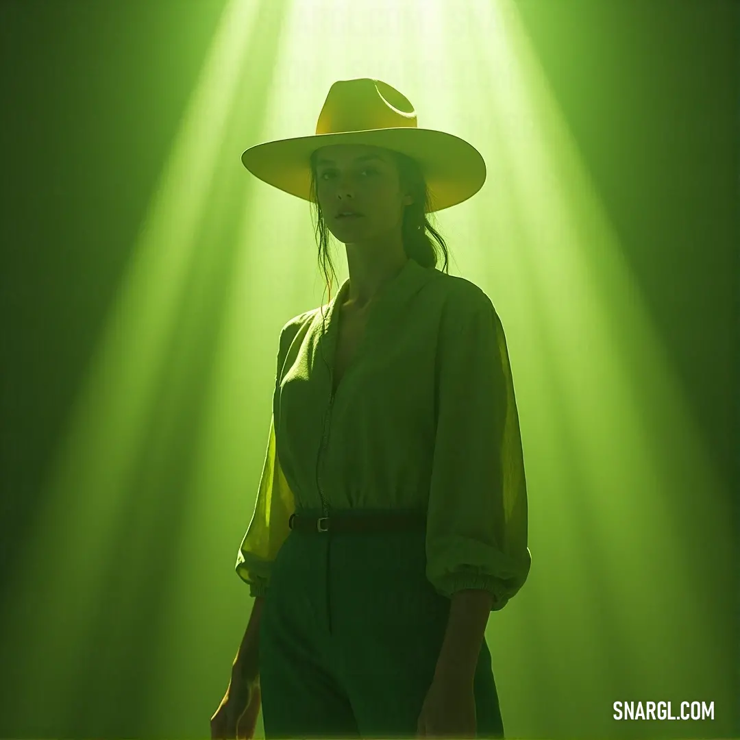 A woman stands confidently in a striking green shirt and hat, illuminated by ethereal beams of green light cascading behind her. The vibrant colors create an atmosphere of authenticity, bridging the gap between nature and human spirit.