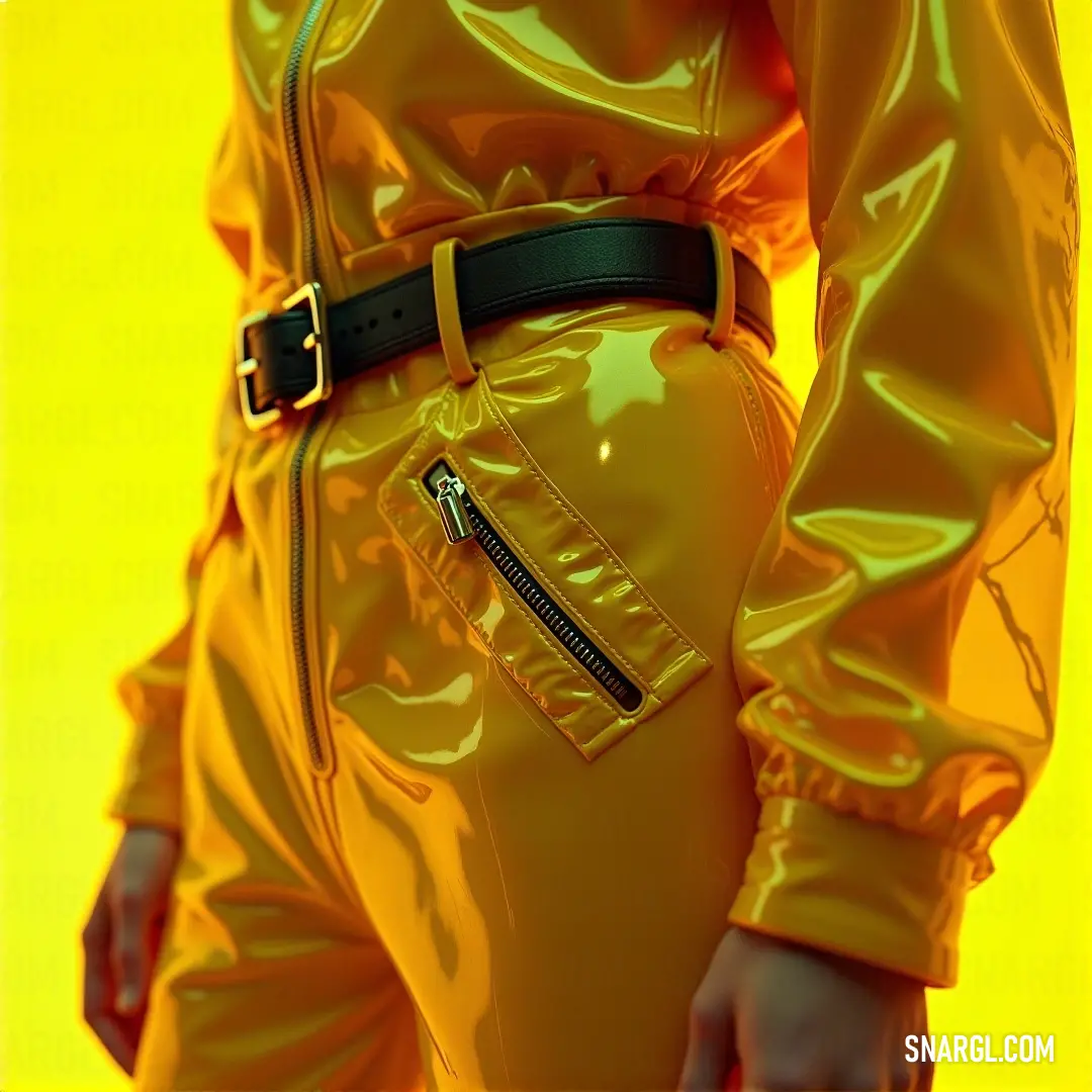 A dazzling woman clad in a shiny yellow outfit, elegantly complemented by a stylish belt, exudes glamour and confidence, standing out against a vibrant backdrop that radiates positivity.