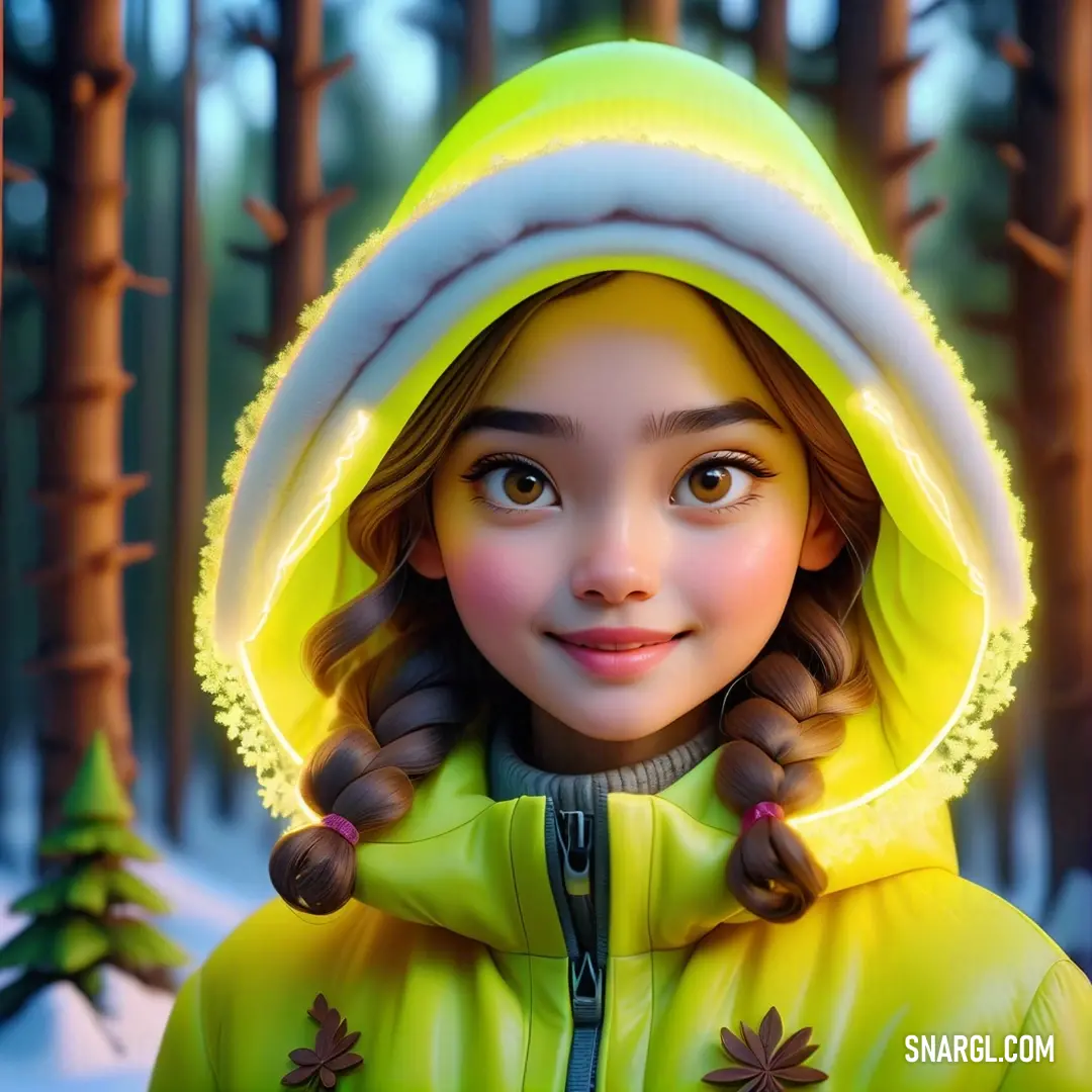 PANTONE 384 color. Painting of a girl in a yellow jacket and a white hat in the woods with trees and snow