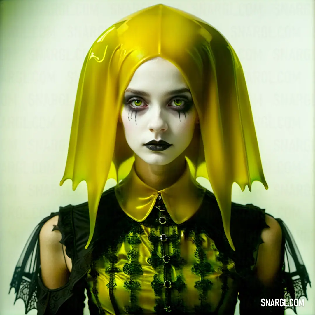 Woman with a yellow wig and black makeup is wearing a yellow wig and a green dress with black trim. Color CMYK 26,4,99,35.