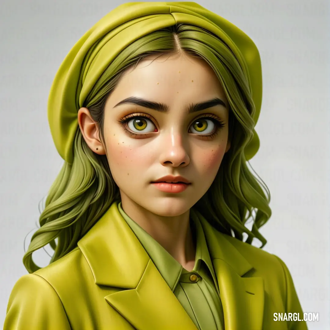 Digital painting of a woman in a green suit and green hair with a green hat on her head. Color PANTONE 385.