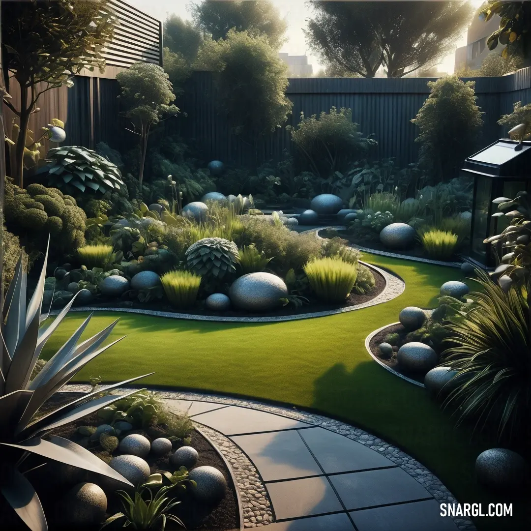 Garden with a path and a lot of plants and rocks in it and a fence in the background. Color RGB 126,119,33.