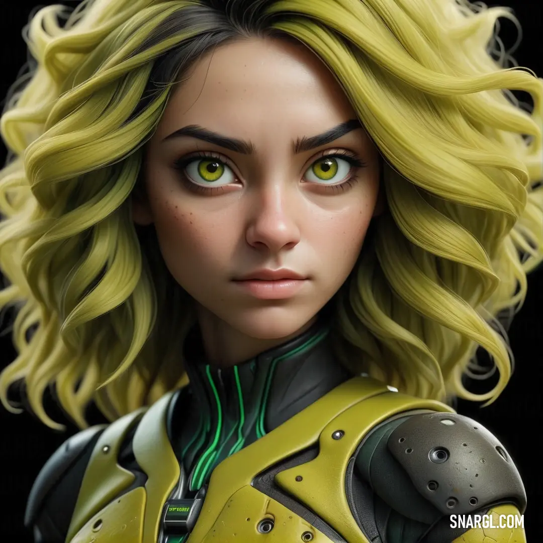 PANTONE 385 color example: Woman with blonde hair and green eyes wearing a yellow suit and yellow gloves with a black background