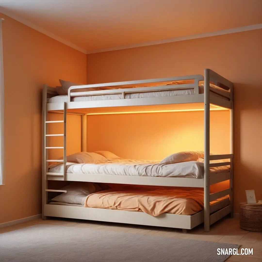 A well-furnished room features a cozy bunk bed with a ladder and a soft rug, illuminated by the warm glow of a nearby light, showcasing comfort and functionality for any space.