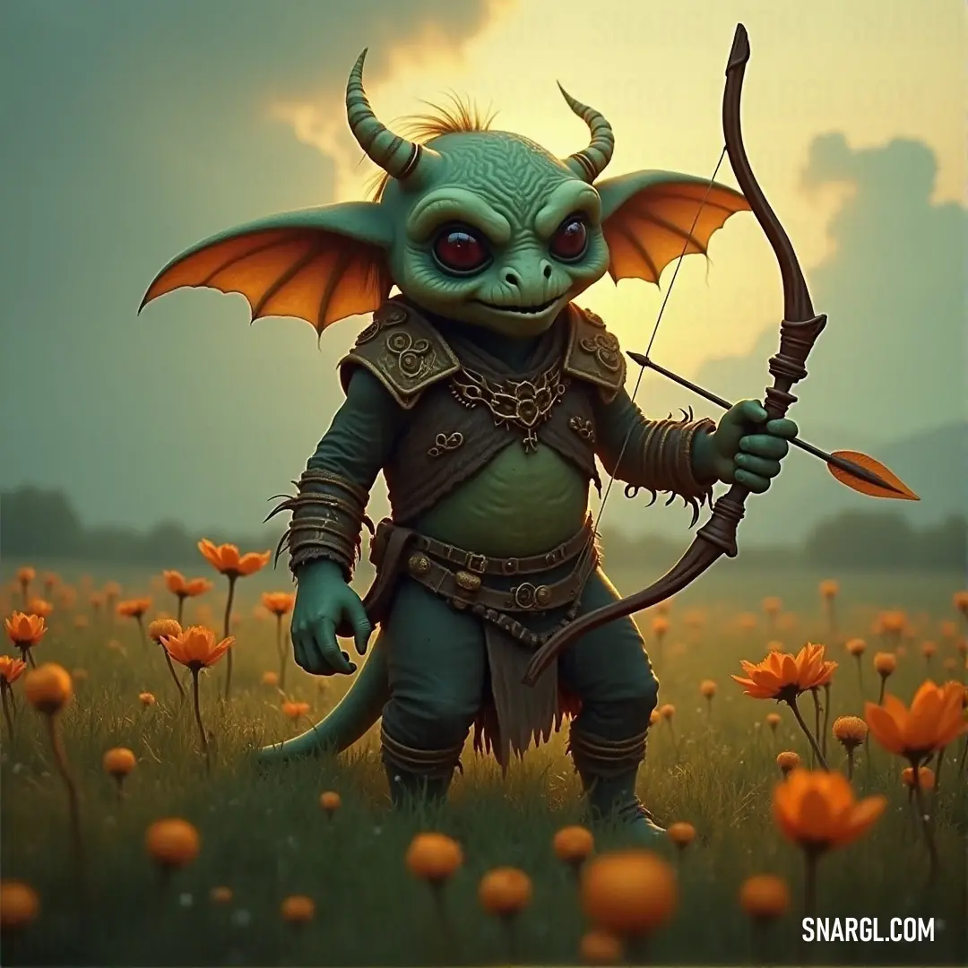 A gallant cartoon character, bow and arrow in hand, stands confidently in a vibrant field of blooming flowers. A fantastical dragon-like creature perched on their back adds a layer of adventure and camaraderie amidst a serene backdrop, painted in sunlight