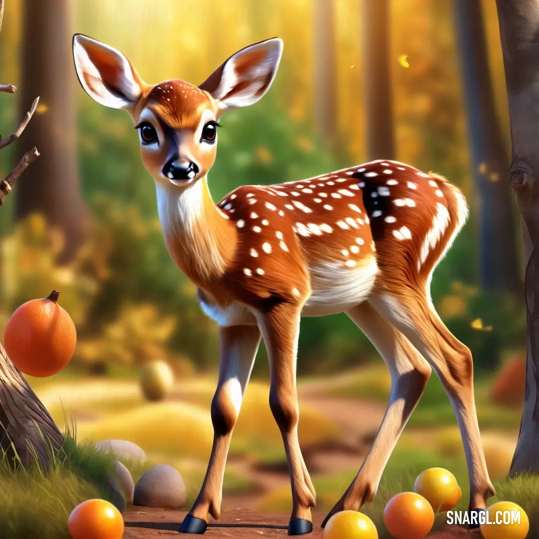 A majestic deer stands gracefully in a verdant forest, flanked by a fruitful tree laden with oranges and apples, all bathed in the gentle light of PANTONE 386. The scene captures a moment of wildlife beauty amidst nature's bounty.