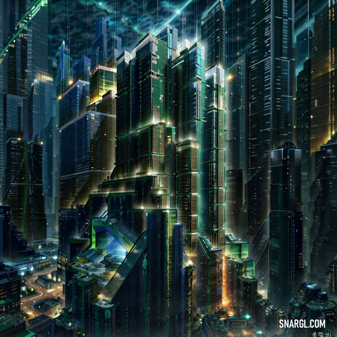 A futuristic cityscape unfolds at night, with towering skyscrapers lit up in a mesmerizing array of lights. The glowing buildings reach towards the sky, creating an awe-inspiring view of the urban landscape filled with life and energy.