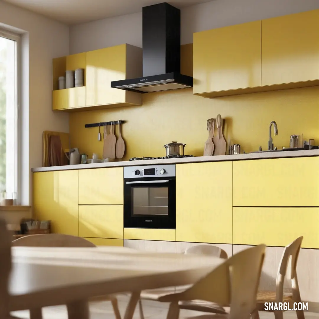 A kitchen with cheerful yellow cabinets, a stove top oven, and a cozy table with chairs. The warm yellow accents fill the space with light, creating a welcoming atmosphere. This image highlights PANTONE 386 color.