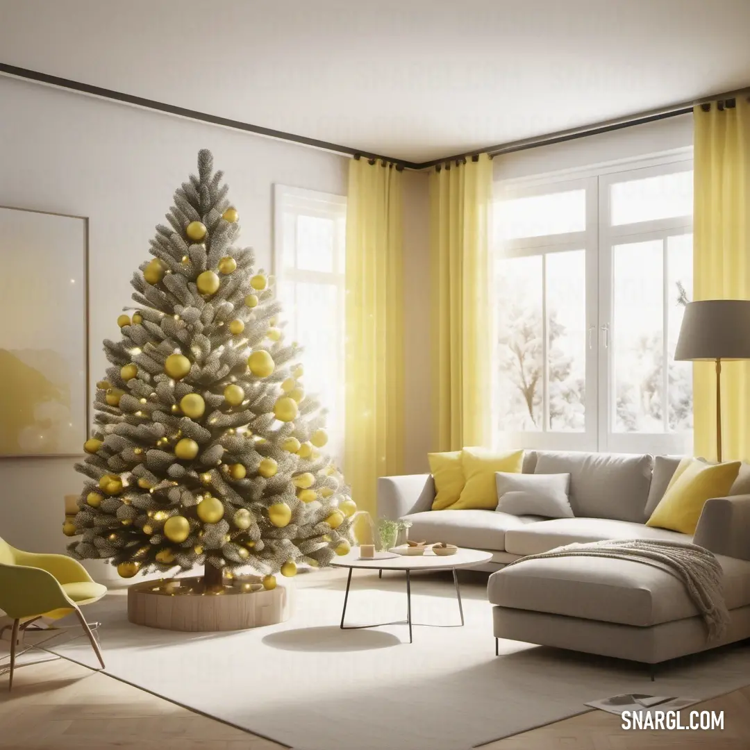 A cozy living room adorned with a beautifully decorated Christmas tree nestled in the corner, radiating the warmth of the season. The color #E7E36D adds a cheerful touch to this inviting space, creating a perfect festive atmosphere.